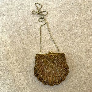 Vintage Gold Beaded Clam Shell Shaped Clutch